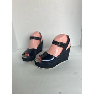 AGL ATTILIO GIUSTI LEOMBRUNI PATENT LEATHER/DENIM PLATFORMS SANDAL SHOES Sz 7